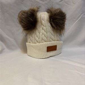Cozy Cream Knit Kids Hat with Faux Fur Pom Poms